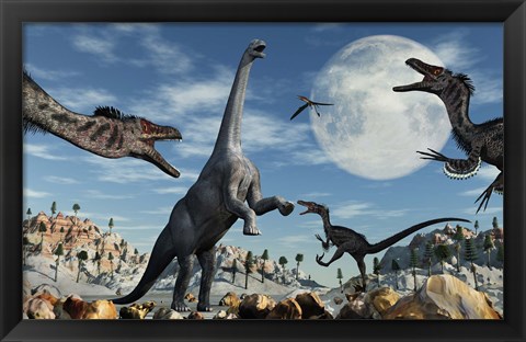 Framed Lone Camarasaurus Dinosaur is Confronted by a Pack of Velociraptors Print