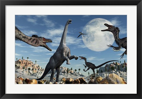 Framed Lone Camarasaurus Dinosaur is Confronted by a Pack of Velociraptors Print