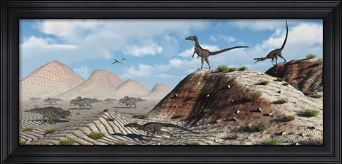 Framed Velociraptors Stalking a Herd of Protoceratops Print