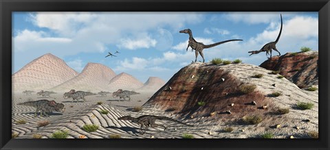 Framed Velociraptors Stalking a Herd of Protoceratops Print