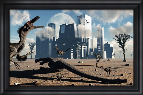 Framed Velociraptors come across a Giant Sauropod carcass as their Next Meal Print