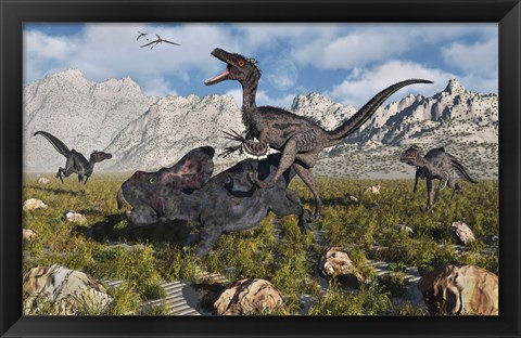Framed Pack of Velociraptors Print
