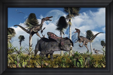 Framed Velociraptors Attack a Lone Protoceratops Print