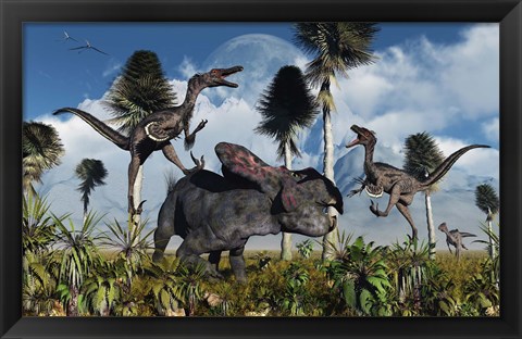 Framed Velociraptors Attack a Lone Protoceratops Print