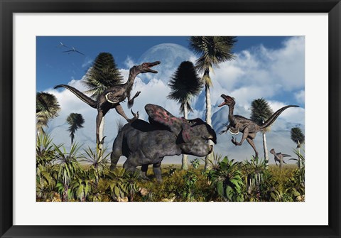 Framed Velociraptors Attack a Lone Protoceratops Print