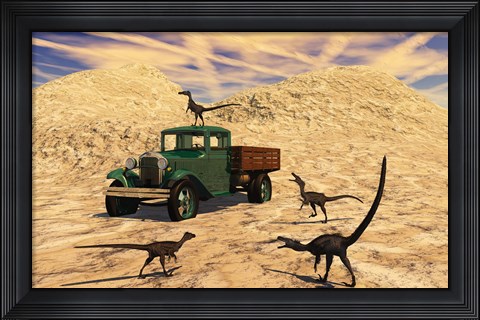 Framed Velociraptors React Curiously to a 1930&#39;s American Pickup Truck Print
