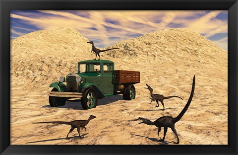 Framed Velociraptors React Curiously to a 1930&#39;s American Pickup Truck Print