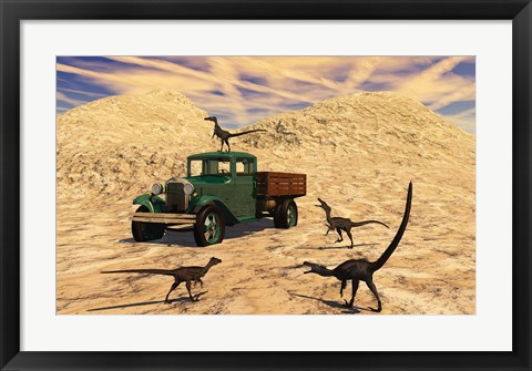 Framed Velociraptors React Curiously to a 1930&#39;s American Pickup Truck Print