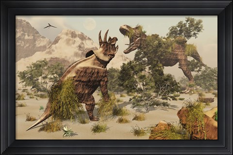 Framed Living fossils of a Triceratops and a T-Rex Confronting Each Other Print
