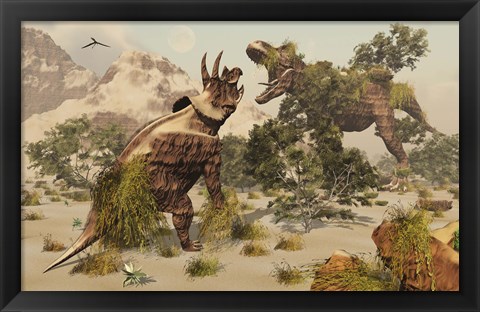 Framed Living fossils of a Triceratops and a T-Rex Confronting Each Other Print