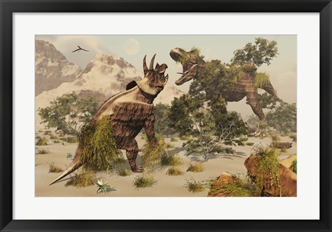 Framed Living fossils of a Triceratops and a T-Rex Confronting Each Other Print