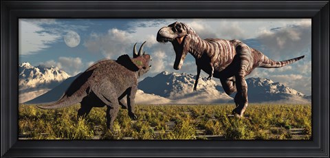 Framed T- Rex and Triceratops meet for a Battle 4 Print