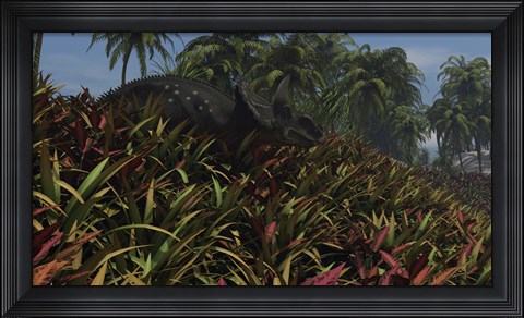 Framed Triceratops Grazing on Lush Foliage Print