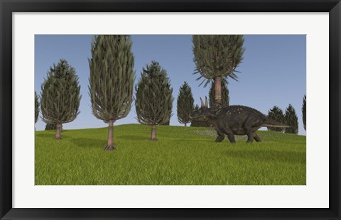 Framed Triceratops Walking across a Grassy Field 1 Print