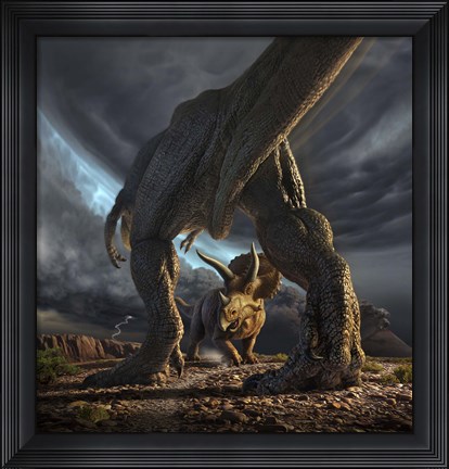 Framed Tyrannosaurus Rex and Triceratops in a Face Off Print