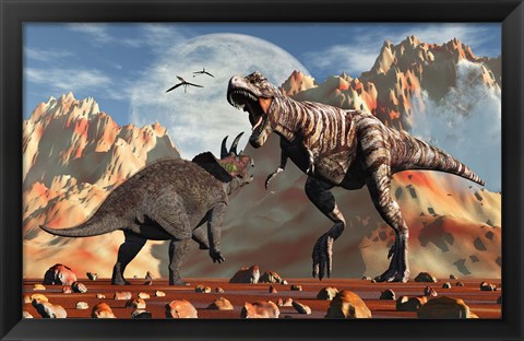 Framed T- Rex and Triceratops meet for a Battle 2 Print