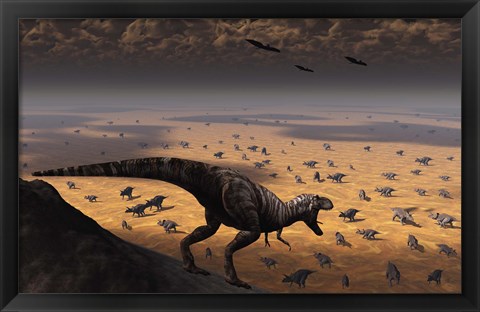 Framed lone T Rex looks down on a large Herd of Triceratops Print