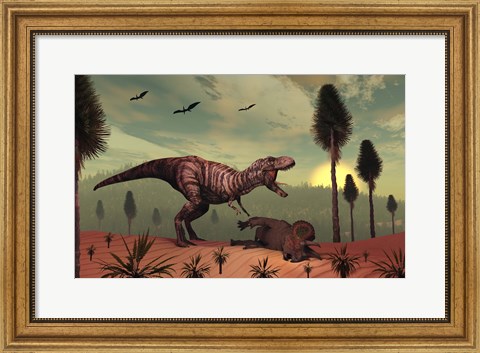 Framed Triceratops falls victim to Tyrannosaurus Rex Print