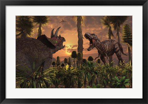 Framed T- Rex and Triceratops meet for a Battle 1 Print