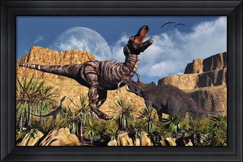Framed Confrontation between Tyrannosaurus Rex and Triceratops Print