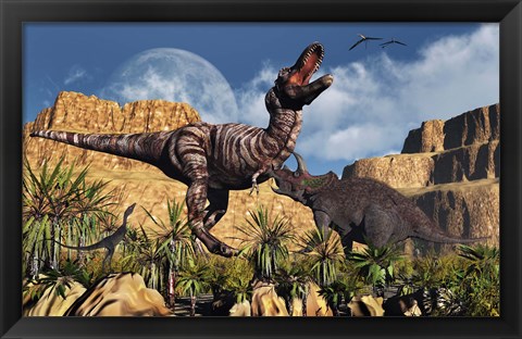 Framed Confrontation between Tyrannosaurus Rex and Triceratops Print