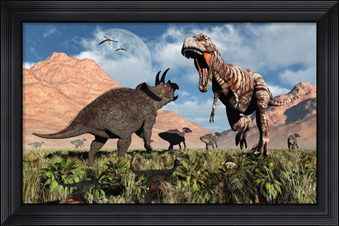 Framed Prehistoric battle between a Triceratops and Tyrannosaurus Rex Print