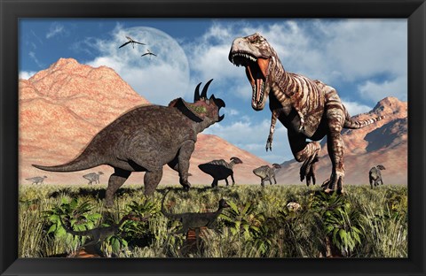 Framed Prehistoric battle between a Triceratops and Tyrannosaurus Rex Print