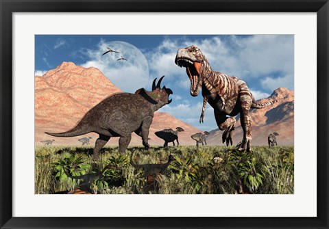 Framed Prehistoric battle between a Triceratops and Tyrannosaurus Rex Print