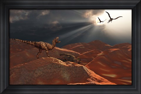 Framed T Rex and Quetzalcoatlus Discover the Carcass of a Triceratops Print