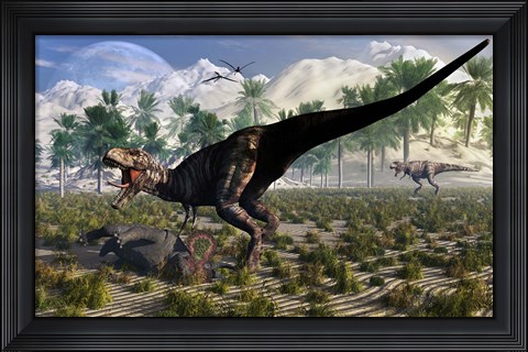 Framed Tyrannosaurus Rex Guards its meal of a Juvenile Triceratops Print