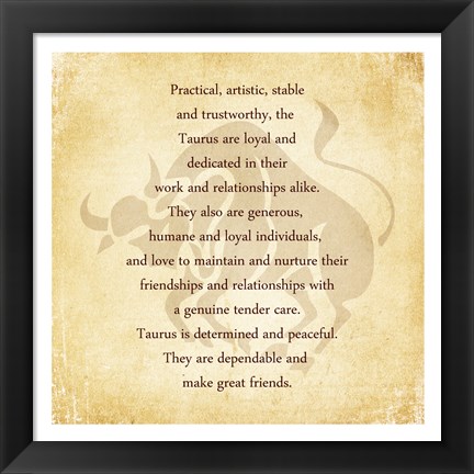 Framed Taurus Character Traits Print