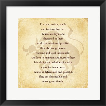 Framed Taurus Character Traits Print