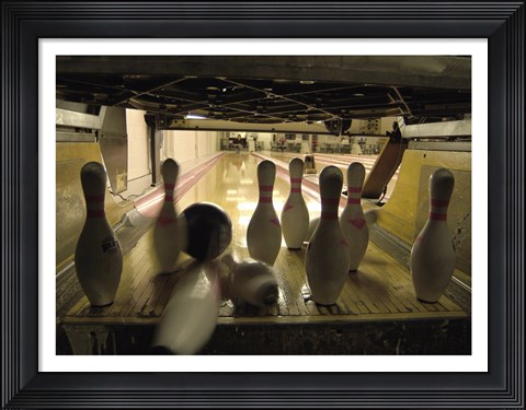 Framed Bowling Ball Hitting Bowling Pins Print