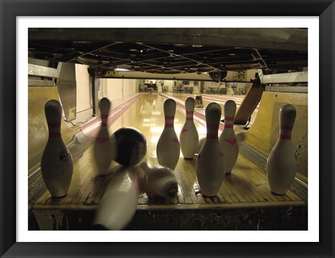 Framed Bowling Ball Hitting Bowling Pins Print