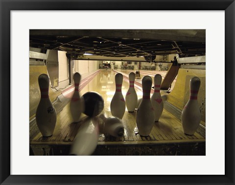 Framed Bowling Ball Hitting Bowling Pins Print