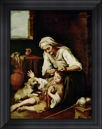 Framed Old Woman Cleaning a Boy&#39;s Hair Print