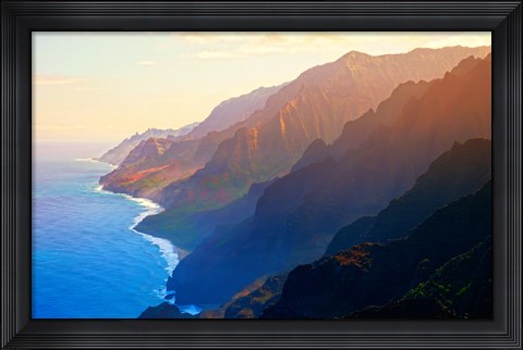 Framed Mountain range at sunrise, Na Pali Coast, Kauai, Hawaii, USA Print