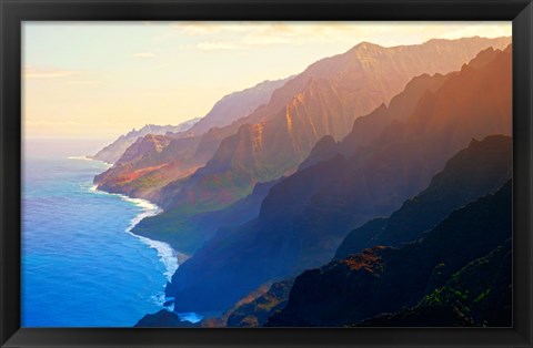 Framed Mountain range at sunrise, Na Pali Coast, Kauai, Hawaii, USA Print