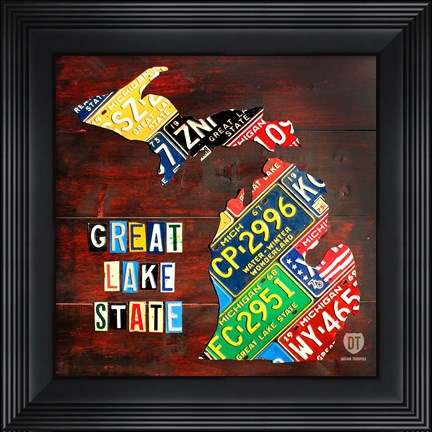 Framed Michigan License Plate Map Large Print