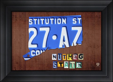 Framed Connecticut License Plate Map Print