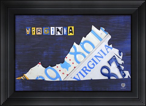 Framed Virginia License Plate Map I Print