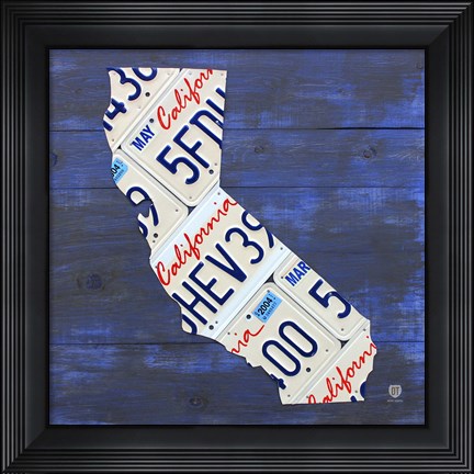 Framed California License Plate Map - Blue Print