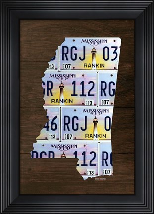 Framed Mississippi License Plate Map Print