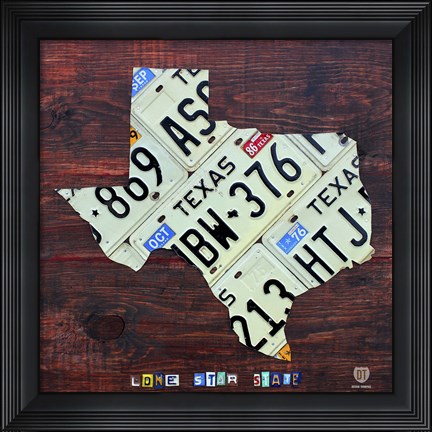 Framed Texas License Plate Map Large Print