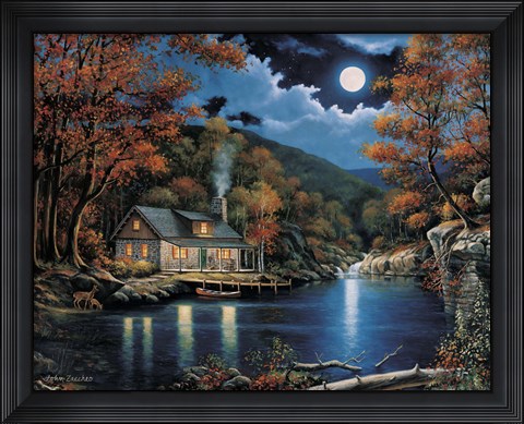 Framed Cabin By The Lake Print