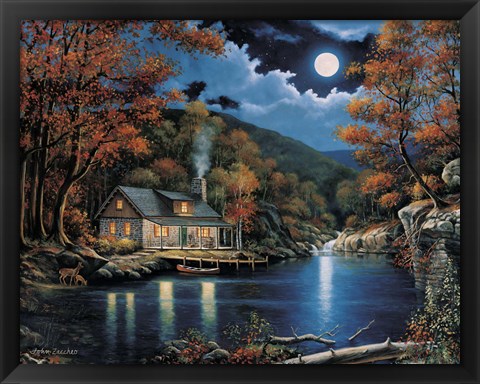 Framed Cabin By The Lake Print