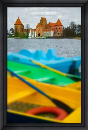 Framed Colorful Boats and Island Castle by Lake Galve, Trakai, Lithuania Print