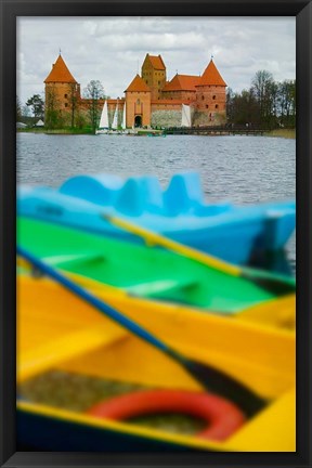 Framed Colorful Boats and Island Castle by Lake Galve, Trakai, Lithuania Print