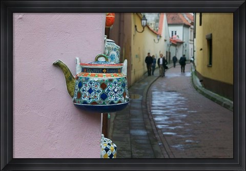 Framed Wall Decorated with Teapot and Cobbled Street in the Old Town, Vilnius, Lithuania II Print