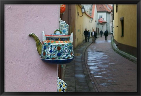 Framed Wall Decorated with Teapot and Cobbled Street in the Old Town, Vilnius, Lithuania II Print